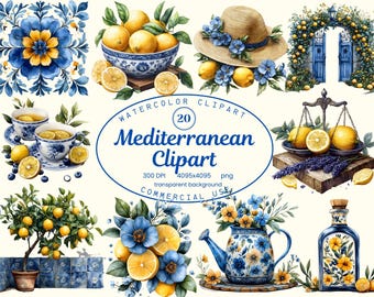 Mediterranean Tile, Watercolor Lemons Clipart, Portuguese Azulejo Ceramic Tiles, Summer Clipart Bundle, Blue, Yellow Tile Digital Paper
