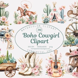 Boho Cowgirl Clipart Sammlung, Pastell Wilder Westen Aquarell Clipart Set 20 PNG, Western Party PNG, Cowgirl Stiefel, Sublimationsentwürfe