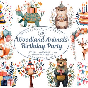 Collection de cliparts fête d'anniversaire animaux de la forêt, Illustrations aquarelles folkloriques anniversaire transparent 20 PNG, sublimation de renard, ours, cerf