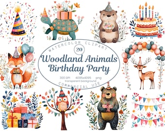 Woodland Animals Birthday Party Clipart Collection, Folk Watercolor Illustrations Transparent Birthday 20 PNG, Fox, Bear, Deer Sublimation