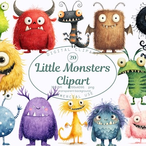 Puede incluir: Ilustración en acuarela de una colección de monstruos caprichosos en varios colores. La imagen incluye un monstruo verde, un monstruo rojo con cuernos y un monstruo negro con antenas. El texto dice "Little Monsters Clipart".