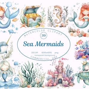 Sirènes de mer Clip Art Collection, créatures de l'océan aquarelle 20 Illustrations PNG, faire-parts d'art de style fantaisiste, décoration de chambre d'enfant