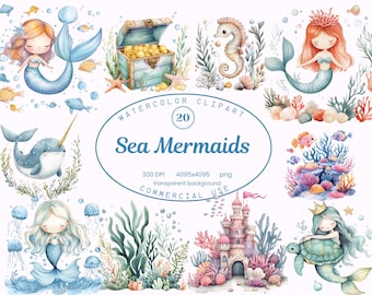 Sea Mermaids Clip Art Collection, Ocean Creatures Watercolor 20 PNG Illustrations, Whimsical Style Art Invitations, Nursery Decor