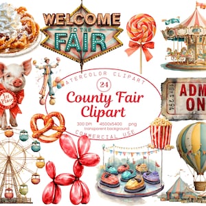 Coleção de clipart de feira do condado, ilustrações retrô e extravagantes de carnaval em aquarela, 24 PNG, roda gigante, download digital, uso comercial