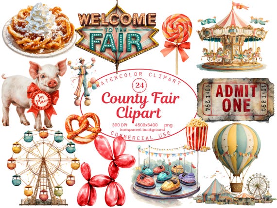 County Fair Clipart Collection, Retro Whimsical Watercolor Carnival Illustrations 24 PNG, Ferris Wheel, Digital Download, Commercial Use