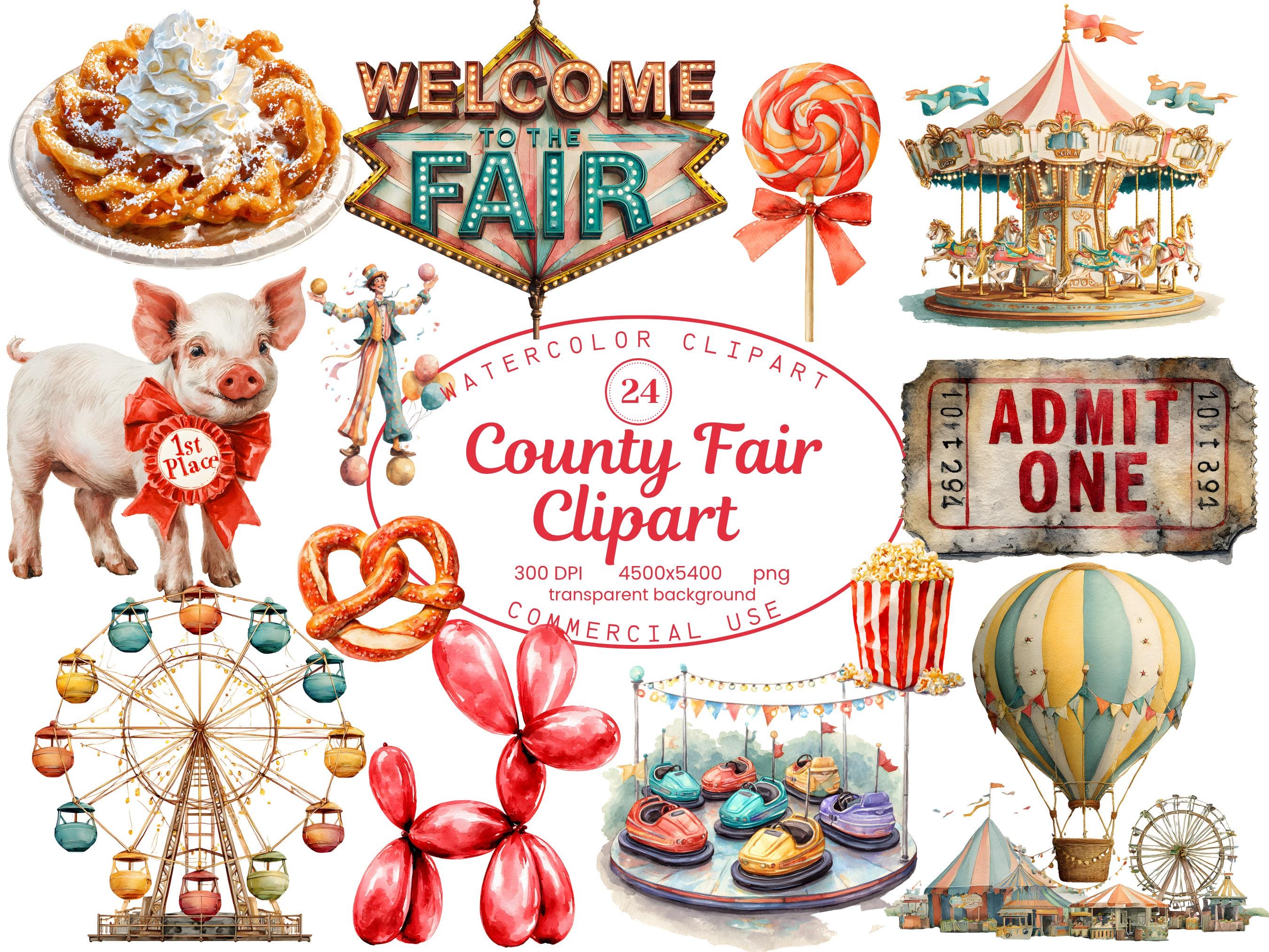 County Fair Clipart Collection, Retro Whimsical Watercolor Carnival Illustrations 24 PNG, Ferris Wheel, Digital Download, Commercial Use