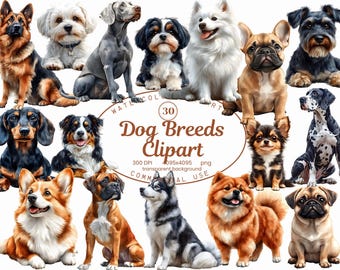 Dogs Breeds Clipart Collection, Dog Lovers Watercolor 30 PNG Illustrations, Cute Pet Dog Graphics, Digital Download, Commercial Use