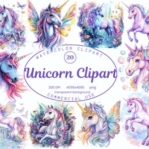 Unicorn Clip Art Collection, Magical Forest Pastel Unicorns aquarel 20 PNG-illustraties, grillige stijl kunst digitale download