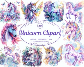 Unicorn Clip Art Collection, Magical Forest Pastel Unicorns Watercolor 20 PNG Illustrations, Whimsical Style Art Digital Download