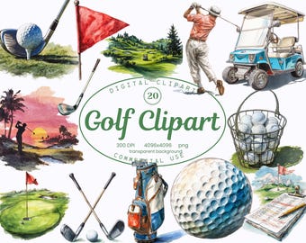 Golf Clipart Collection,  20 PNG Retro Watercolor Sport Illustrations, Golf Course Elements, Clubs, Balls, Tees Art, Digital Download