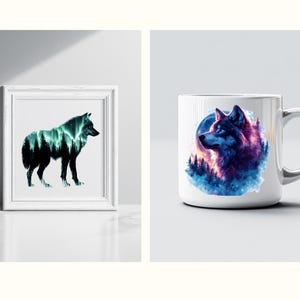 May include: A white ceramic mug featuring a colourful wolf design. The wolf is silhouetted against a forest scene with a full moon in the background. The design incorporates shades of blue, purple, and pink.