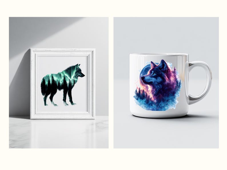 May include: A white ceramic mug featuring a colourful wolf design. The wolf is silhouetted against a forest scene with a full moon in the background. The design incorporates shades of blue, purple, and pink.