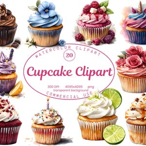 Collection de cliparts cupcakes, gourmandises sucrées 20 Illustrations d'anniversaire PNG, Style aquarelle Dessert Art en téléchargement numérique, usage Commercial