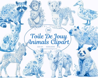 Blue Toile de Jouy Animals Clipart Collection, Vintage Toile Pattern 20 PNG, French Country Art, Nursery Graphics, Digital Download