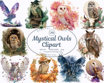 Mystical Owl Clipart Collection, Fantasy Owls 20 PNG Magical Illustrations, Ethereal Watercolor Style Art, Digital Download, Commercial Use