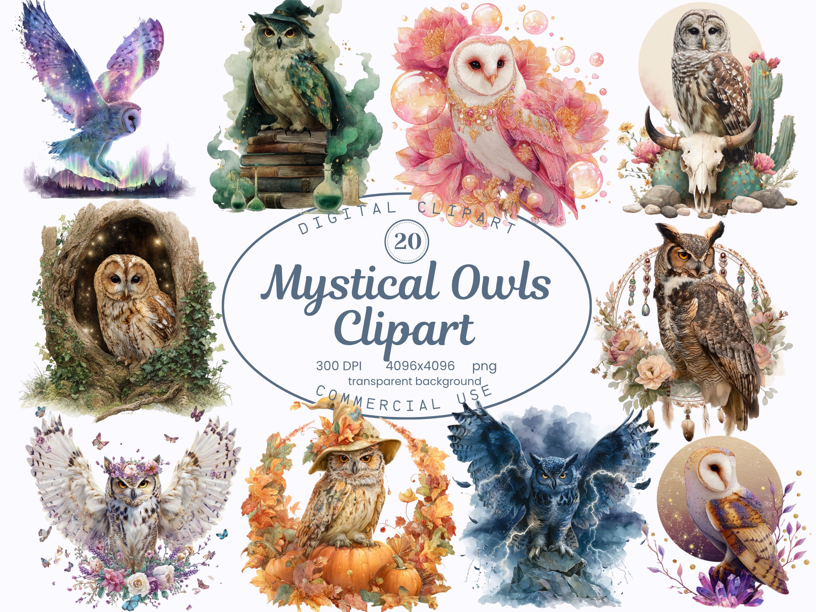 Mystical Owl Clipart Collection, Fantasy Owls 20 PNG Magical Illustrations, Ethereal Watercolor Styl