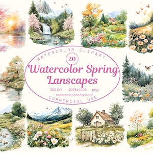 Watercolor Spring Landscape Clipart Collection, Spring Countryside 20 PNG illustrations, Pastel Spring Nature, Art Digital Download