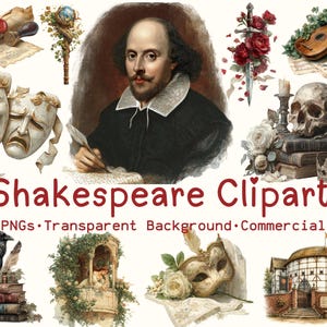 May include: A collection of Shakespeare-themed digital illustrations featuring a portrait of William Shakespeare, theatre masks, a skull, a lute, a quill, a scroll, a raven, a balcony, and the Globe Theatre with the text Shakespeare Clipart 28 PNGs Transparent Background Commercial Use.