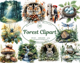 Wald-Clipart-Sammlung, Aquarell-Waldtiere-Clipart-Set, Naturelemente 20 PNG, Kinderzimmer, Einladungen, Sublimationsdesigns