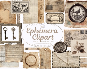 Junk Journal Ephemera PNG, Vintage Paper & Collage Elements, 45 Individual PNGs, Digital Scrapbooking, Digital Download