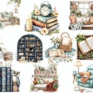 May include: Watercolor illustrations of cozy reading nooks. Scenes include a swing with books, a stack of books with a clock, a window seat with pillows, a teepee with books, a bookshelf with a cat, a basket with books, a tray with a book and coffee, a bookshelf with owls, a sofa with books, and a reading chair.