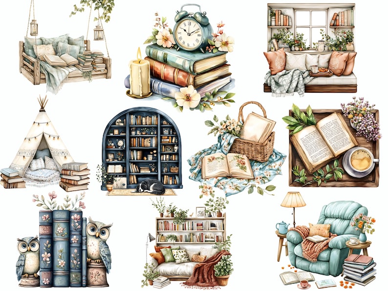 May include: Watercolor illustrations of cozy reading nooks. Scenes include a swing with books, a stack of books with a clock, a window seat with pillows, a teepee with books, a bookshelf with a cat, a basket with books, a tray with a book and coffee, a bookshelf with owls, a sofa with books, and a reading chair.