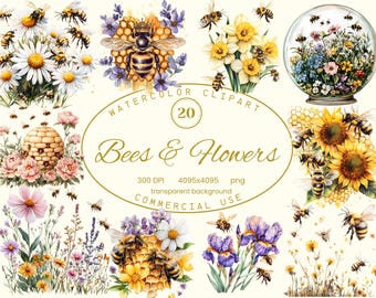 Op de afbeelding: Een set van 20 aquarel illustraties van bijen en bloemen. De illustraties bevatten bijen, honingraten, zonnebloemen, irissen, lavendel, madeliefjes en andere bloemen. De illustraties zijn perfect voor het maken van wenskaarten, uitnodigingen, scrapbookpagina's en andere knutselprojecten.