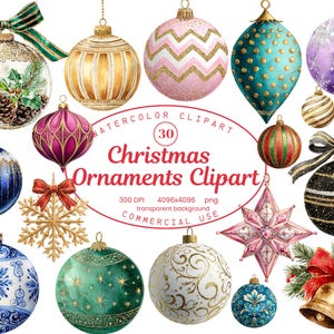 Enfeites de Natal em aquarela: enfeites festivos, uso comercial (download digital de 30 PNG)
