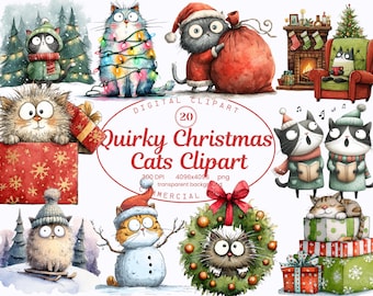 Quirky Christmas Cats Clipart Collection, Funny Watercolor Holiday Cat Graphics 20 PNG, Christmas Crafts, Digital Download, Commercial Use