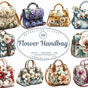 Fleurs sacs à main aquarelle Clipart Collection, Floral sac à main 20 PNG Transparent, téléchargement numérique, sac à main accessoire fabrication de cartes, Junk Journal