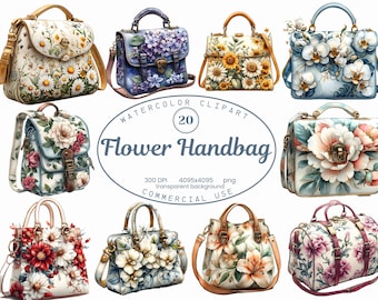 Coleção de Clipart de Bolsas Florais em Aquarela, 20 PNGs Transparentes, Download Digital, Acessórios para Bolsas, Criação de Cartões, Diário de Arte