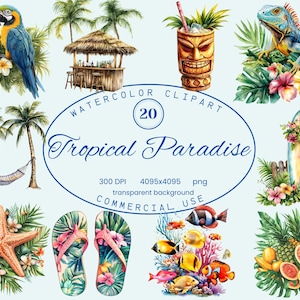 Collection de cliparts paradis tropical, illustrations Beach Island 20 PNG, utilisation commerciale en téléchargement numérique Style aquarelle