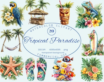 Tropical Paradise Clipart Collection, Watercolor Beach Island 20 PNG Illustrations, Summer Vacation PNG, Digital Download, Commercial Use