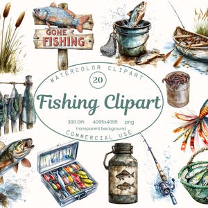 Kolekcja klipartów wędkarskich, rustykalne życie rybaka 20 ilustracji PNG, akwarela na zewnątrz Bass Fish Digital Download Komercyjne wykorzystanie