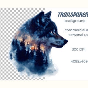 May include: A digital illustration of a wolf's head with a forest scene inside. The wolf is blue and grey with a white background. The forest scene is a watercolour style with blue and green trees and a starry sky.