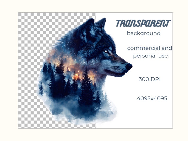 May include: A digital illustration of a wolf's head with a forest scene inside. The wolf is blue and grey with a white background. The forest scene is a watercolour style with blue and green trees and a starry sky.