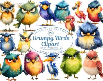 May include: Watercolor clipart featuring 14 grumpy birds in various colors, including blue, green, yellow, and red. Each bird has an angry expression. The text "Grumpy Birds Clipart" is included in the image.