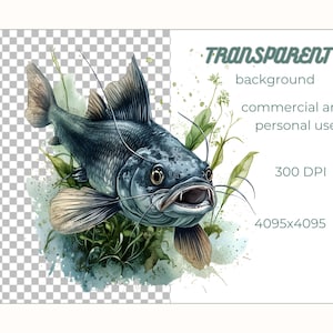 May include: A watercolour illustration of a catfish with an open mouth, surrounded by green aquatic plants. The background is transparent.