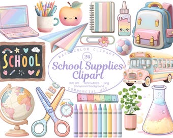 Colección de imágenes prediseñadas de útiles escolares, papelería de acuarela (26 ilustraciones PNG), gráficos escolares, arte para agendas de profesores, descarga digital
