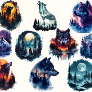 May include: A collection of ten digital watercolour illustrations featuring wolves howling at the moon in a forest setting. Each image features a different colour palette and moon phase.