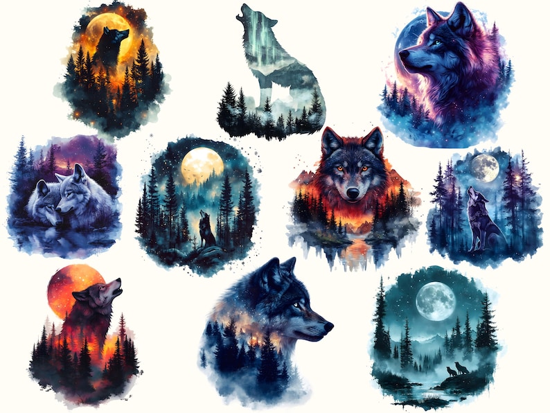 May include: A collection of ten digital watercolour illustrations featuring wolves howling at the moon in a forest setting. Each image features a different colour palette and moon phase.