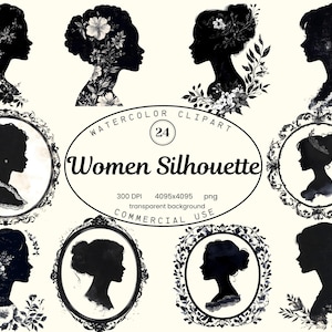 Coleção de clipart de silhuetas femininas, 24 ilustrações de molduras vintage em PNG, perfil de cabeça feminina em preto e branco, download digital