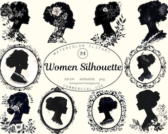 Women Silhouette Clipart Collection,  24 PNG Vintage Picture Frames Illustrations, Black and White Female Head Profile,  Digital Download