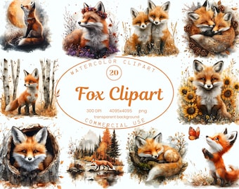 Fox Clipart Collection, Watercolor Cute Baby Shower Clipart Set, Nursery Clip Art 20 PNG, Woodland Animals Sublimation Designs