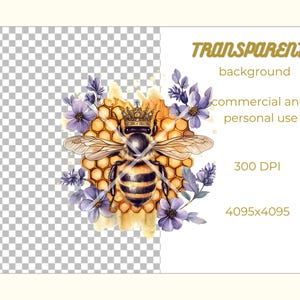 May include: A watercolor illustration of a bee wearing a gold crown, perched on a honeycomb with purple flowers. The bee is surrounded by a watercolor wash of yellow and gold.
