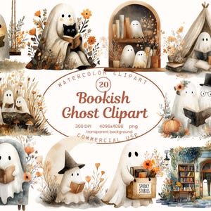 Bookish Ghost Clipart Collection,  Watercolor Reading Ghouls, Halloween 30 PNG, Digital Download, Commercial Use