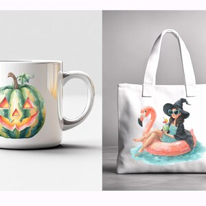 May include: A white ceramic mug featuring a watercolour illustration of a green and yellow jack-o'-lantern. Beside it is a white tote bag with a watercolour illustration of a witch on a flamingo float.