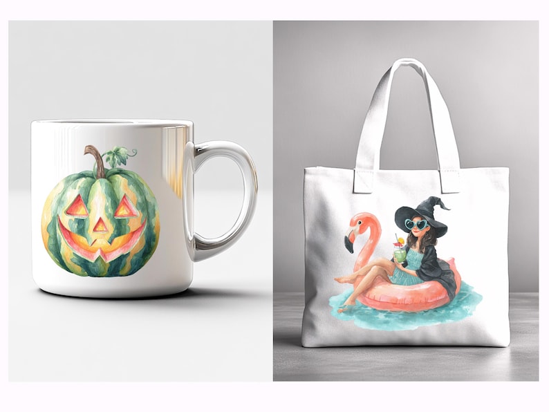 May include: A white ceramic mug featuring a watercolour illustration of a green and yellow jack-o'-lantern. Beside it is a white tote bag with a watercolour illustration of a witch on a flamingo float.