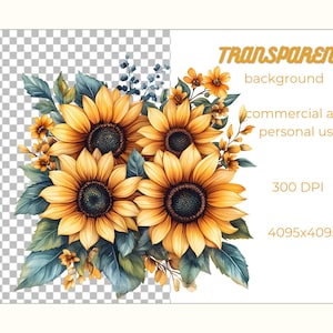 Op de afbeelding: Een boeket zonnebloemen met gele bloemblaadjes en donkerbruine centra. De zonnebloemen worden omringd door groene bladeren en kleine gele bloemen. De achtergrond is transparant.
