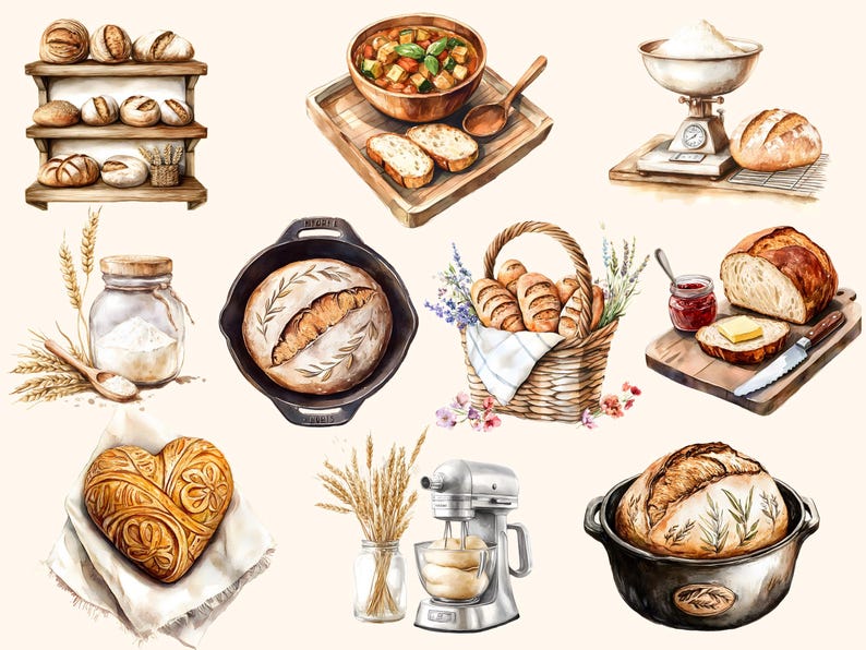 Surdegsbröd Clipart-samling, Hembagare 20 PNG-illustrationer, Akvarellstil Konst Digital Nedladdning Kommersiellt Bruk bild 2
